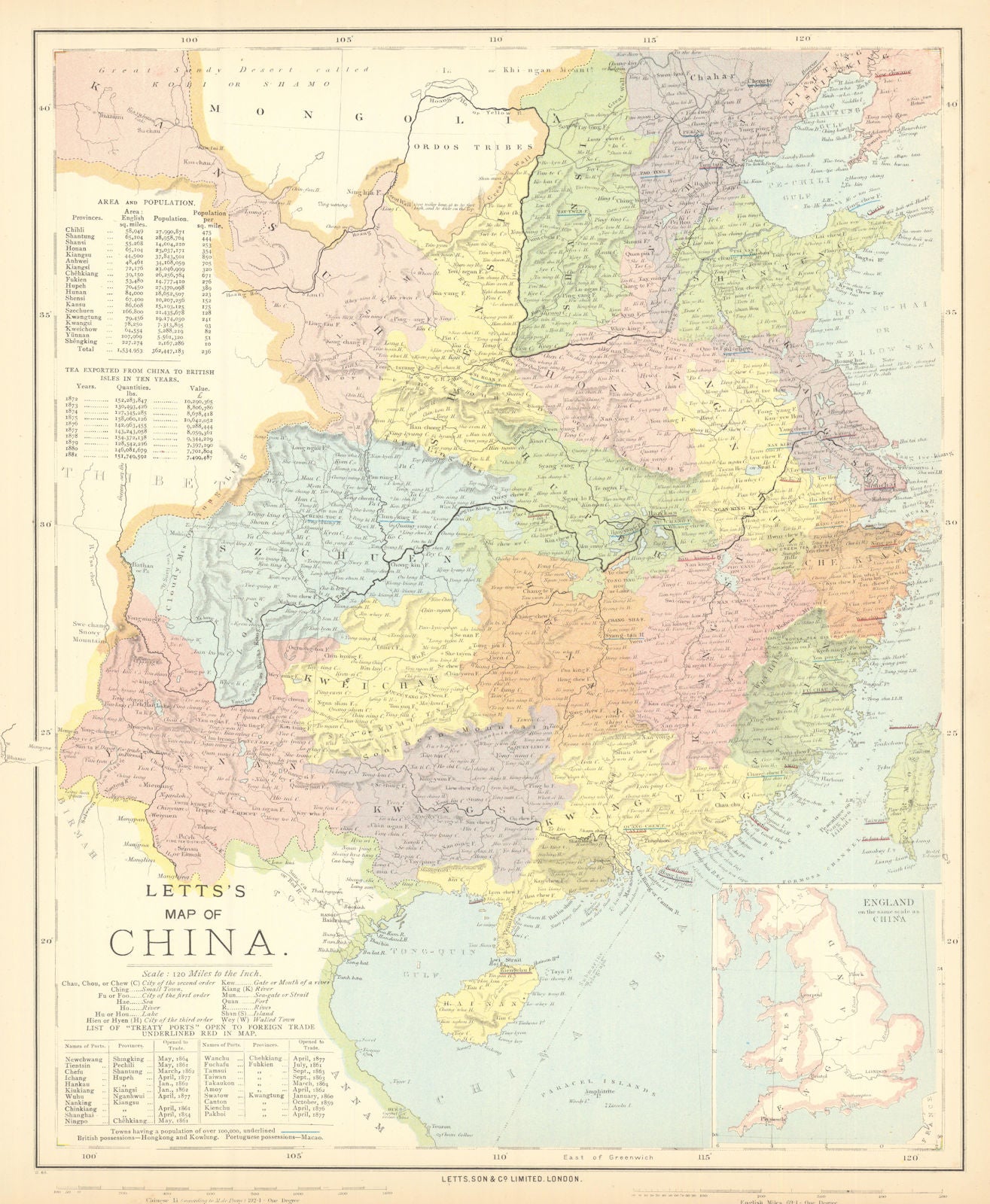 CHINA. Provinces, treaty ports, tea growing districts & exports. LETTS 1892 map